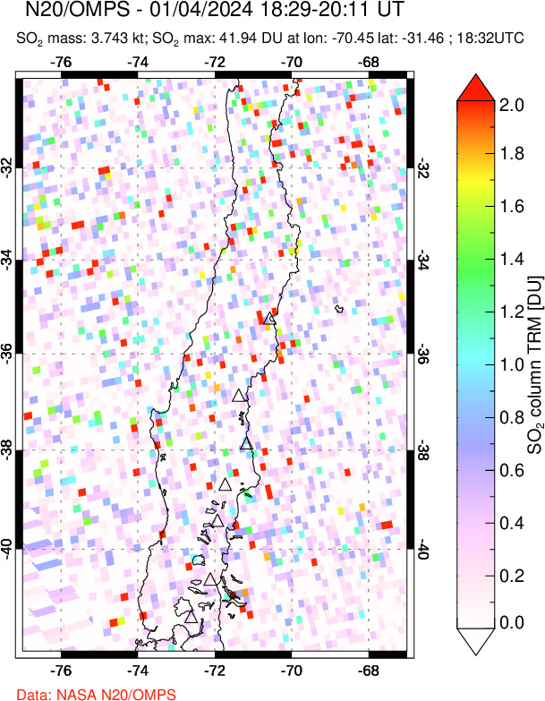 A sulfur dioxide image over Central Chile on Jan 04, 2024.