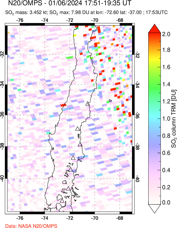 A sulfur dioxide image over Central Chile on Jan 06, 2024.