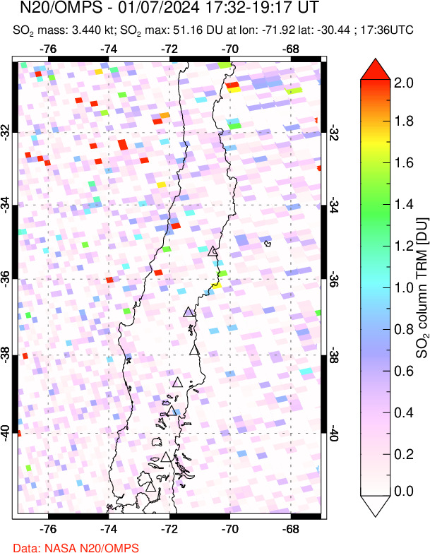 A sulfur dioxide image over Central Chile on Jan 07, 2024.