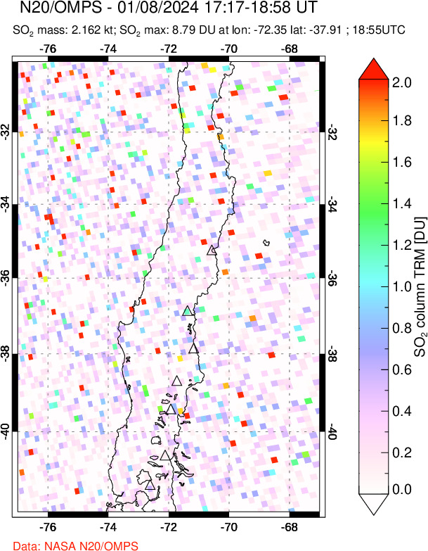 A sulfur dioxide image over Central Chile on Jan 08, 2024.