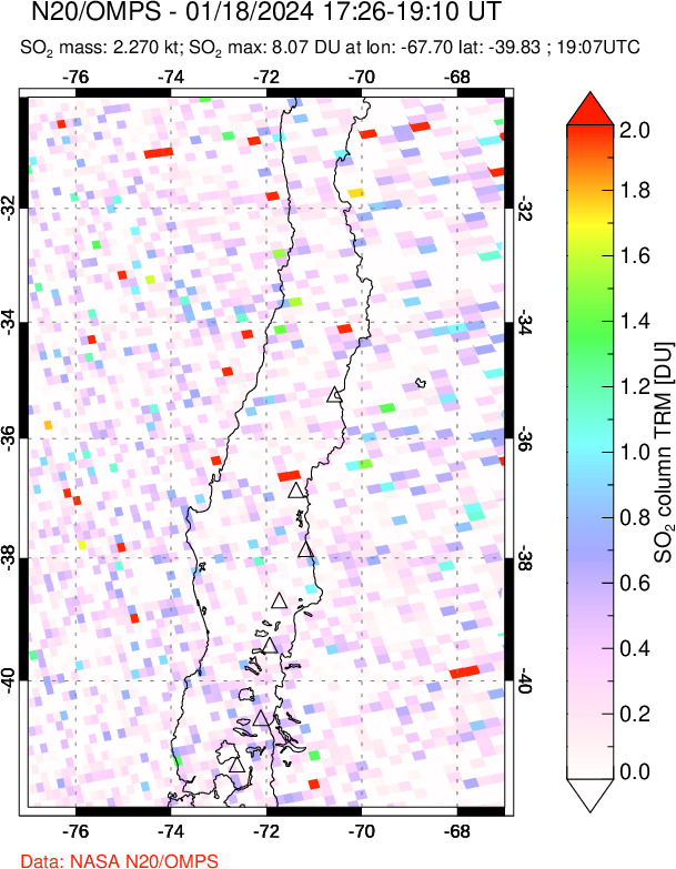 A sulfur dioxide image over Central Chile on Jan 18, 2024.