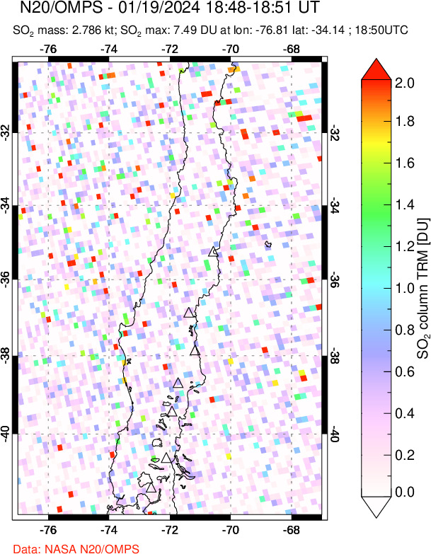 A sulfur dioxide image over Central Chile on Jan 19, 2024.