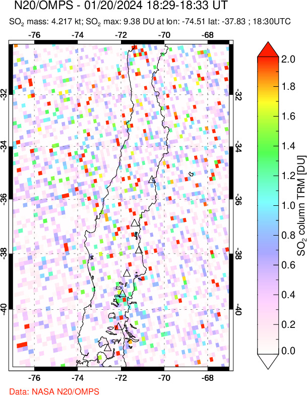 A sulfur dioxide image over Central Chile on Jan 20, 2024.