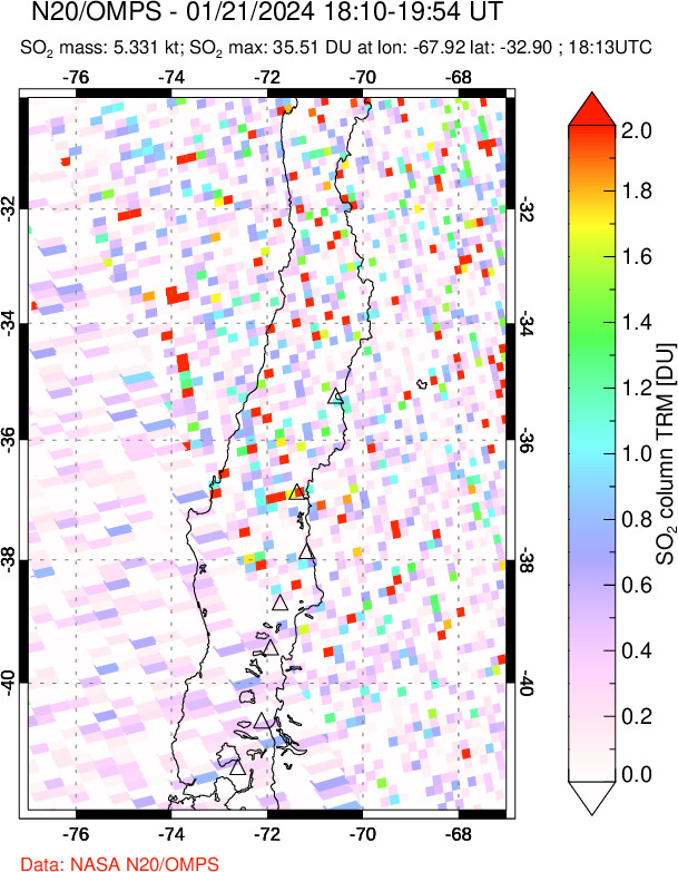 A sulfur dioxide image over Central Chile on Jan 21, 2024.