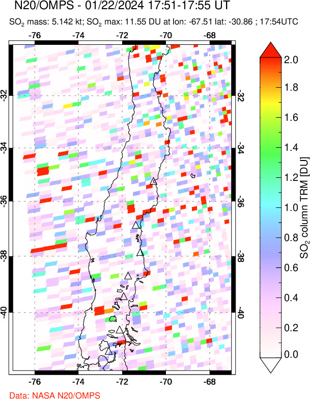 A sulfur dioxide image over Central Chile on Jan 22, 2024.