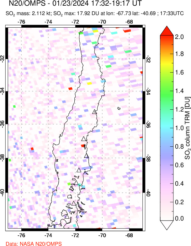 A sulfur dioxide image over Central Chile on Jan 23, 2024.