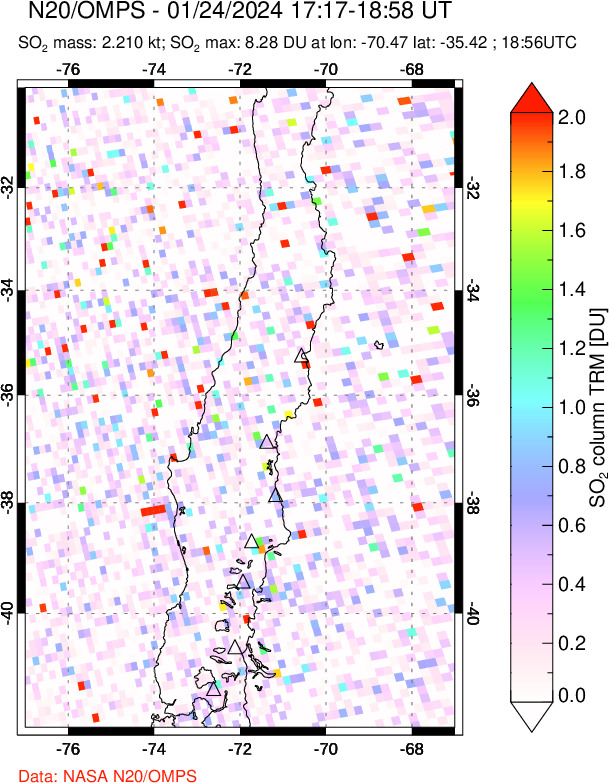 A sulfur dioxide image over Central Chile on Jan 24, 2024.