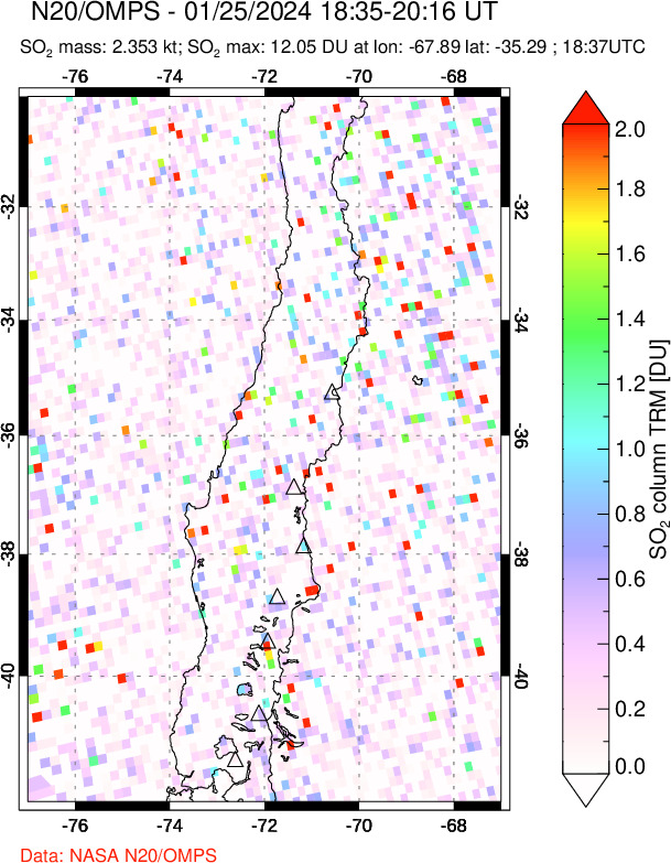 A sulfur dioxide image over Central Chile on Jan 25, 2024.