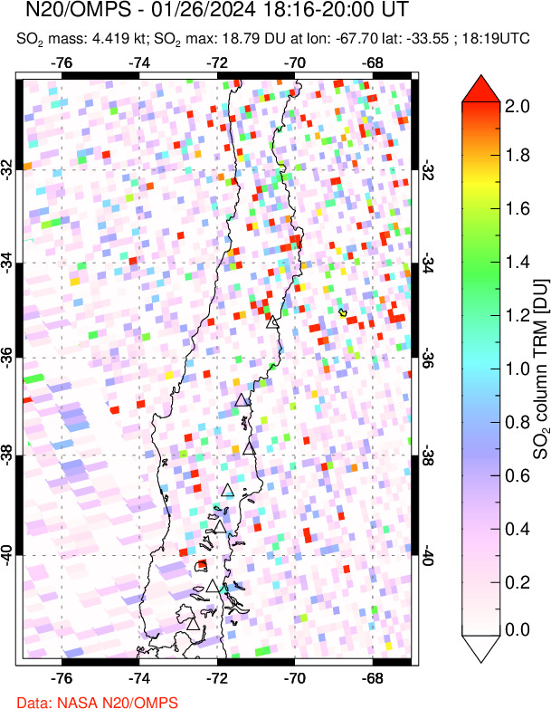 A sulfur dioxide image over Central Chile on Jan 26, 2024.