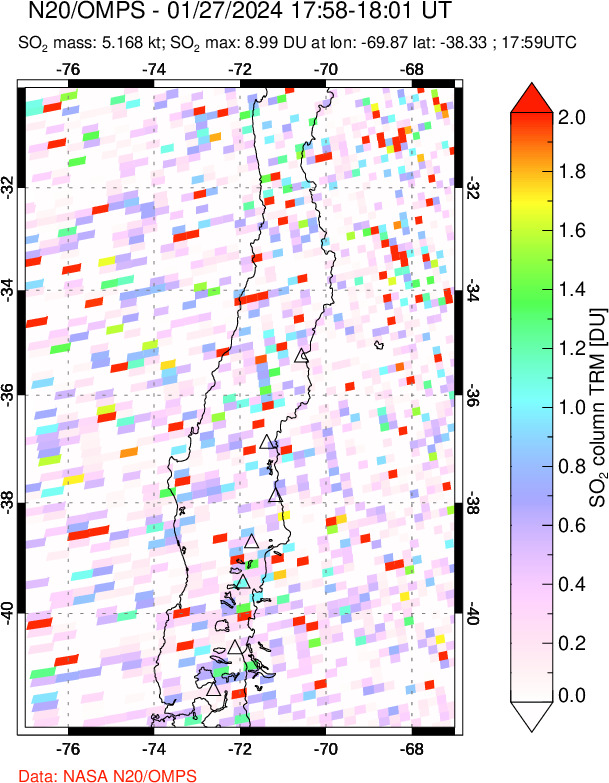 A sulfur dioxide image over Central Chile on Jan 27, 2024.