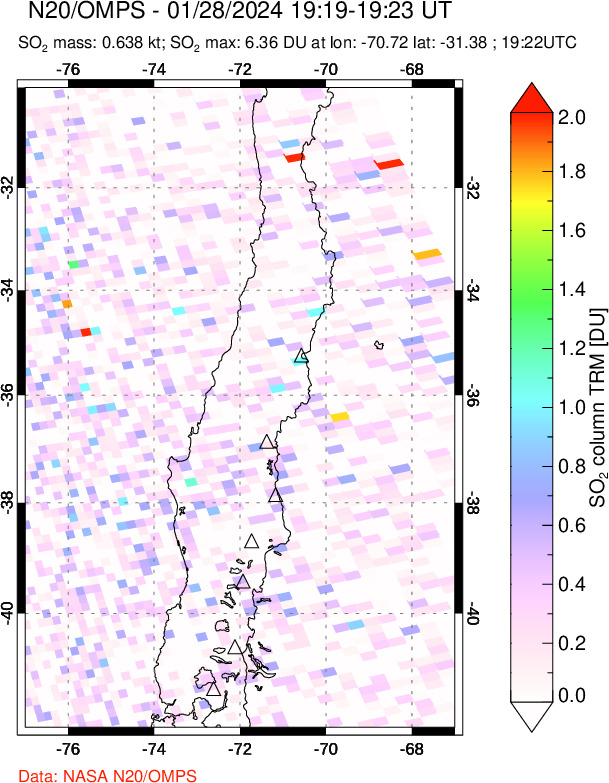 A sulfur dioxide image over Central Chile on Jan 28, 2024.