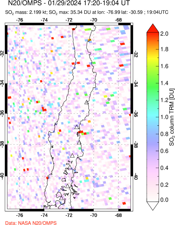 A sulfur dioxide image over Central Chile on Jan 29, 2024.