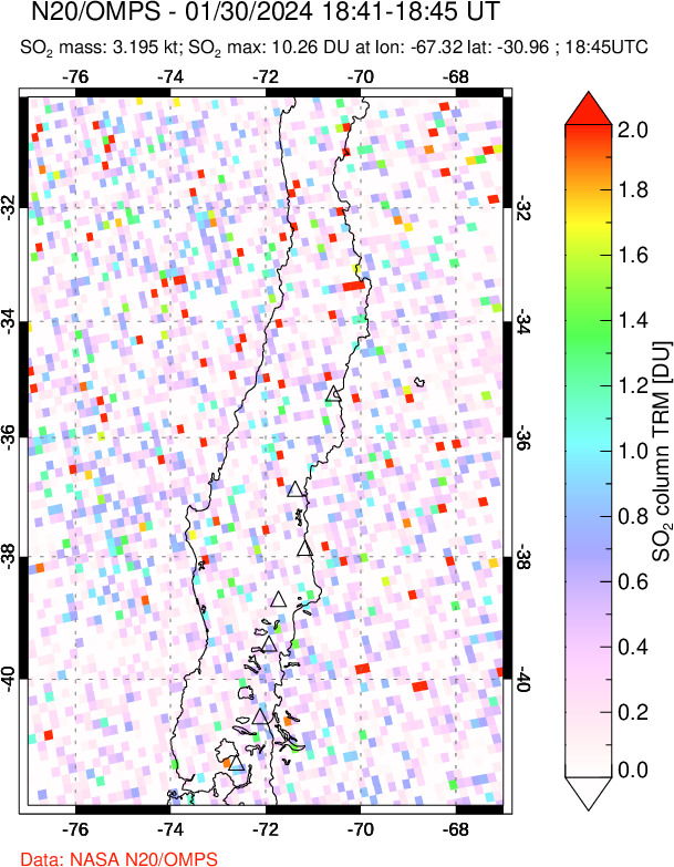 A sulfur dioxide image over Central Chile on Jan 30, 2024.