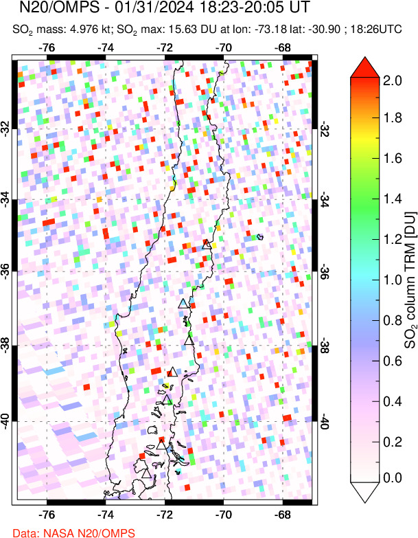 A sulfur dioxide image over Central Chile on Jan 31, 2024.