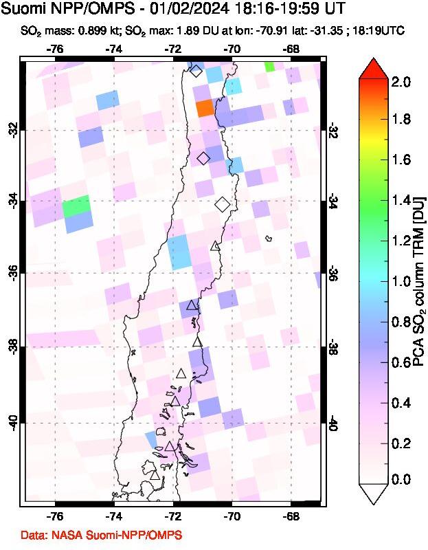 A sulfur dioxide image over Central Chile on Jan 02, 2024.