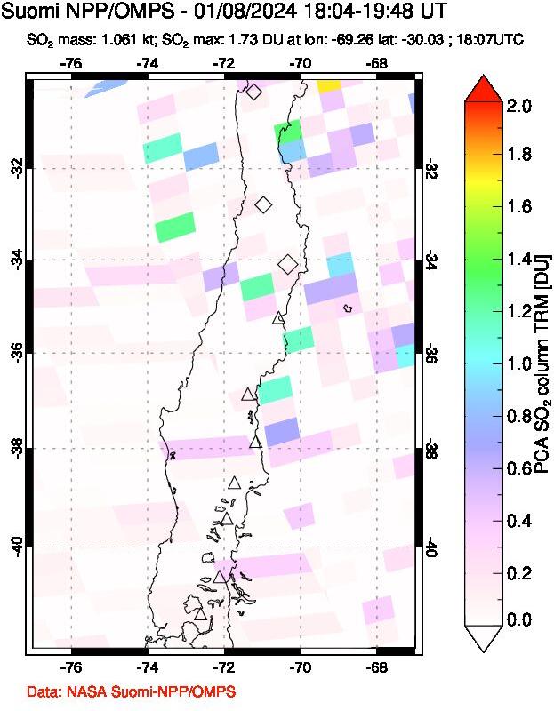 A sulfur dioxide image over Central Chile on Jan 08, 2024.