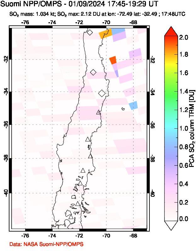 A sulfur dioxide image over Central Chile on Jan 09, 2024.