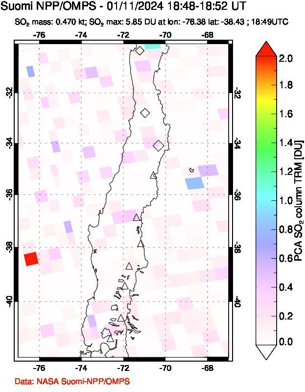 A sulfur dioxide image over Central Chile on Jan 11, 2024.