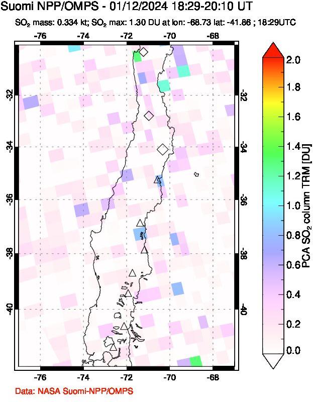 A sulfur dioxide image over Central Chile on Jan 12, 2024.