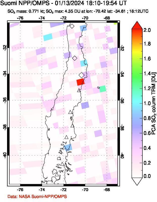 A sulfur dioxide image over Central Chile on Jan 13, 2024.