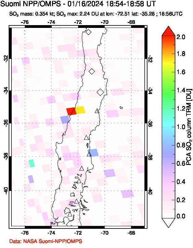 A sulfur dioxide image over Central Chile on Jan 16, 2024.