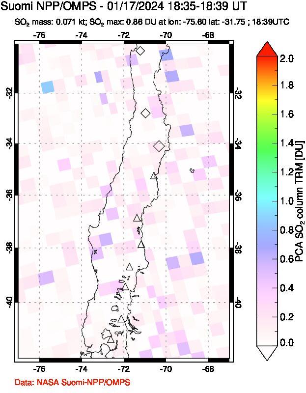 A sulfur dioxide image over Central Chile on Jan 17, 2024.