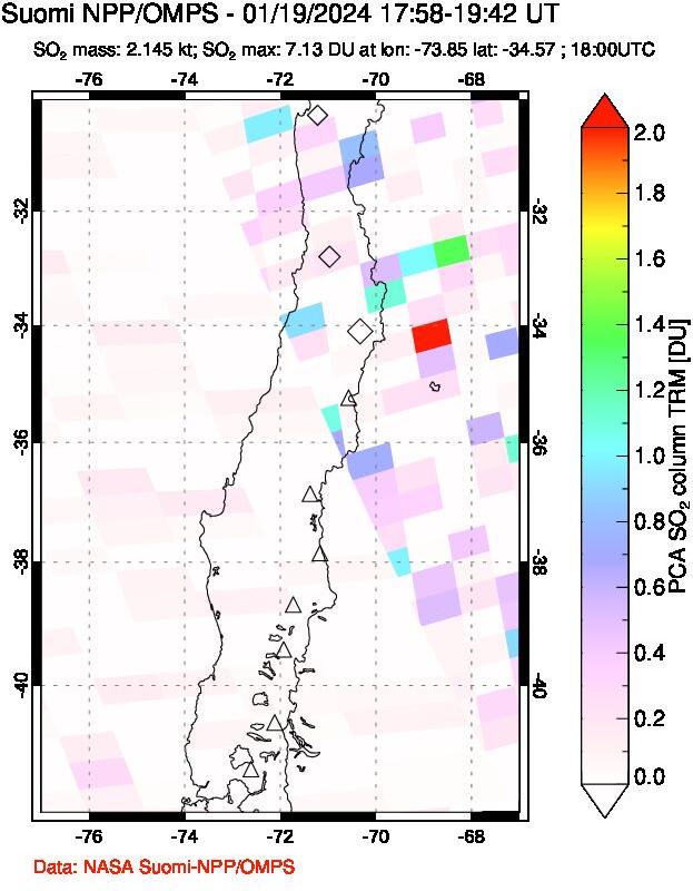 A sulfur dioxide image over Central Chile on Jan 19, 2024.