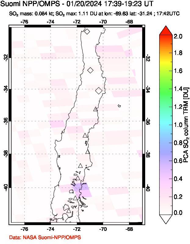 A sulfur dioxide image over Central Chile on Jan 20, 2024.