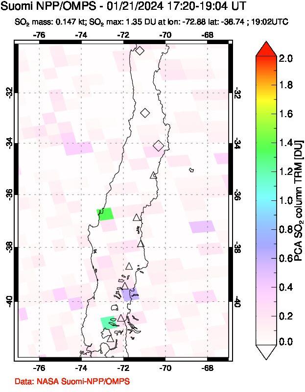 A sulfur dioxide image over Central Chile on Jan 21, 2024.