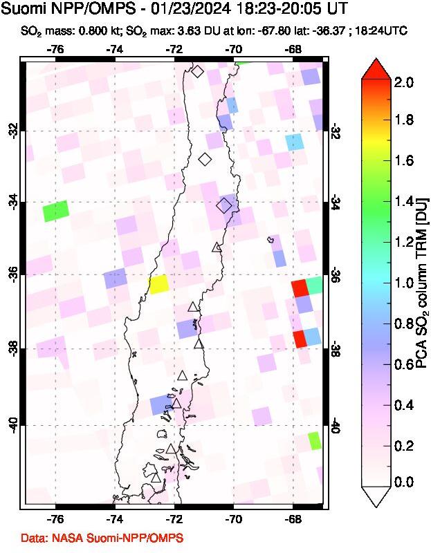 A sulfur dioxide image over Central Chile on Jan 23, 2024.