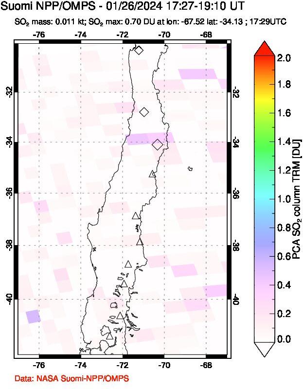 A sulfur dioxide image over Central Chile on Jan 26, 2024.