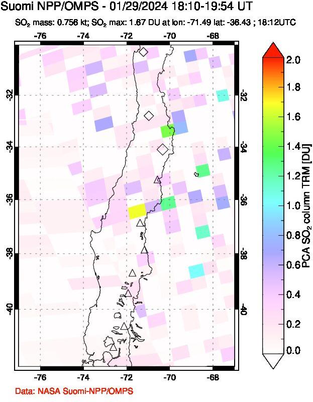 A sulfur dioxide image over Central Chile on Jan 29, 2024.