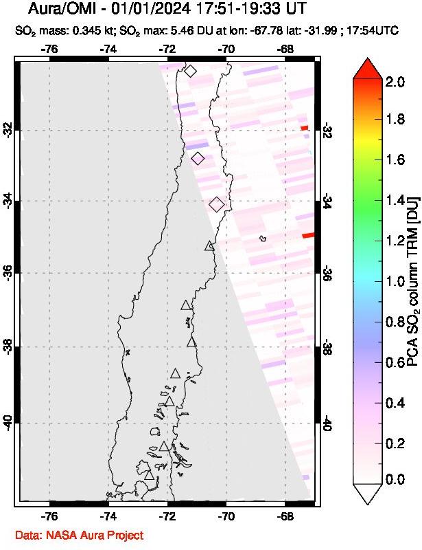 A sulfur dioxide image over Central Chile on Jan 01, 2024.