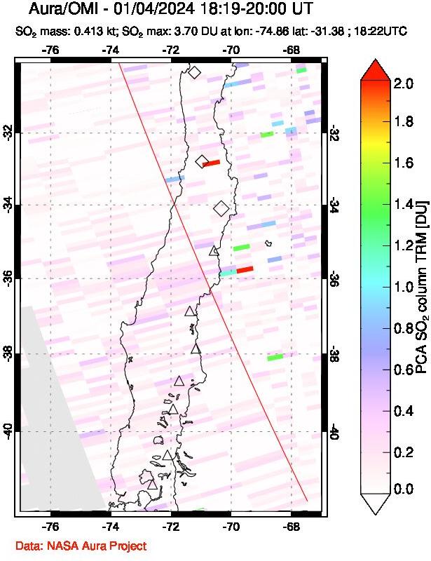 A sulfur dioxide image over Central Chile on Jan 04, 2024.