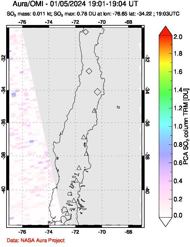 A sulfur dioxide image over Central Chile on Jan 05, 2024.