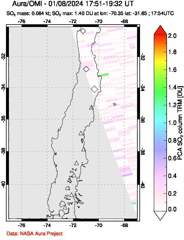 A sulfur dioxide image over Central Chile on Jan 08, 2024.