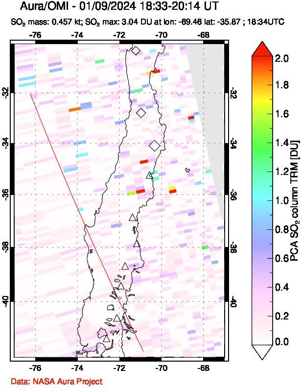 A sulfur dioxide image over Central Chile on Jan 09, 2024.