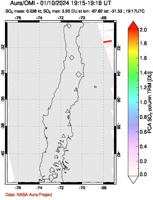 A sulfur dioxide image over Central Chile on Jan 10, 2024.