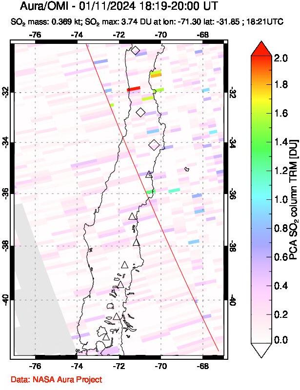 A sulfur dioxide image over Central Chile on Jan 11, 2024.