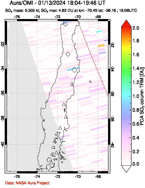 A sulfur dioxide image over Central Chile on Jan 13, 2024.