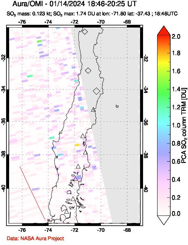 A sulfur dioxide image over Central Chile on Jan 14, 2024.