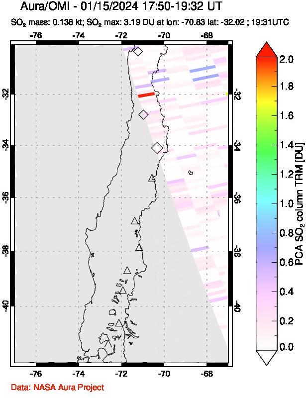 A sulfur dioxide image over Central Chile on Jan 15, 2024.