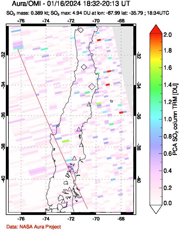 A sulfur dioxide image over Central Chile on Jan 16, 2024.