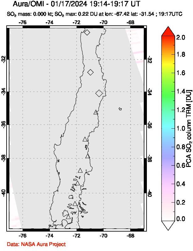 A sulfur dioxide image over Central Chile on Jan 17, 2024.