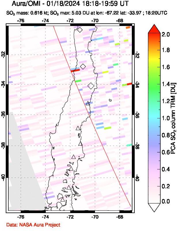 A sulfur dioxide image over Central Chile on Jan 18, 2024.