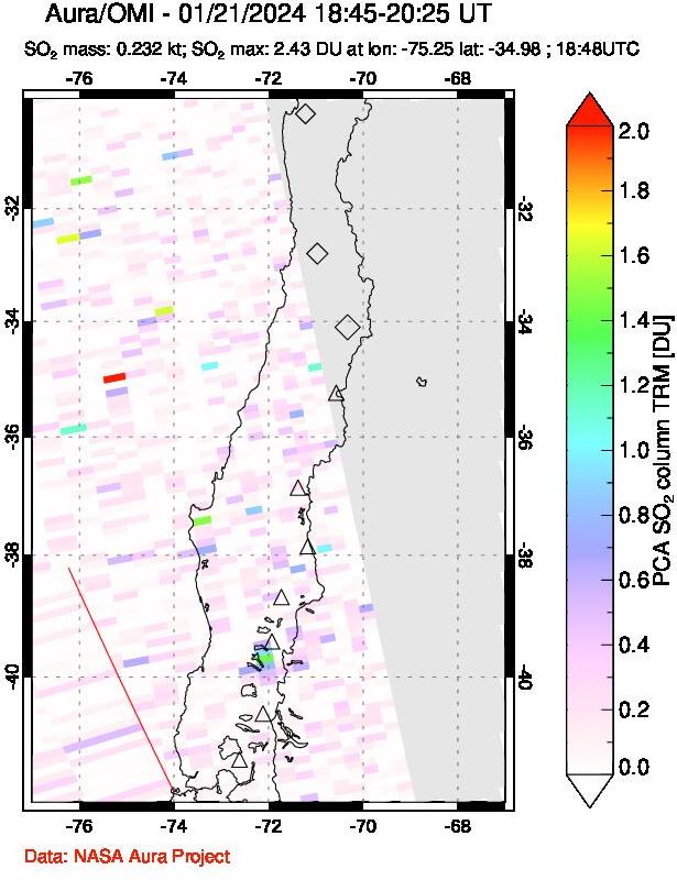 A sulfur dioxide image over Central Chile on Jan 21, 2024.