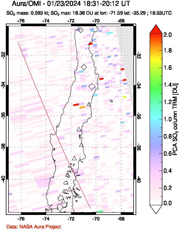 A sulfur dioxide image over Central Chile on Jan 23, 2024.