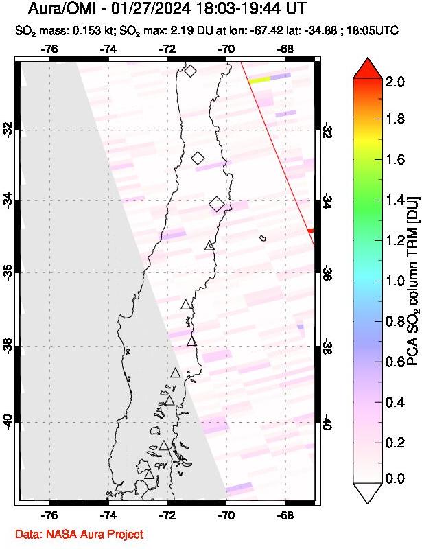 A sulfur dioxide image over Central Chile on Jan 27, 2024.