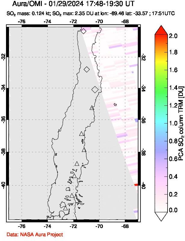 A sulfur dioxide image over Central Chile on Jan 29, 2024.