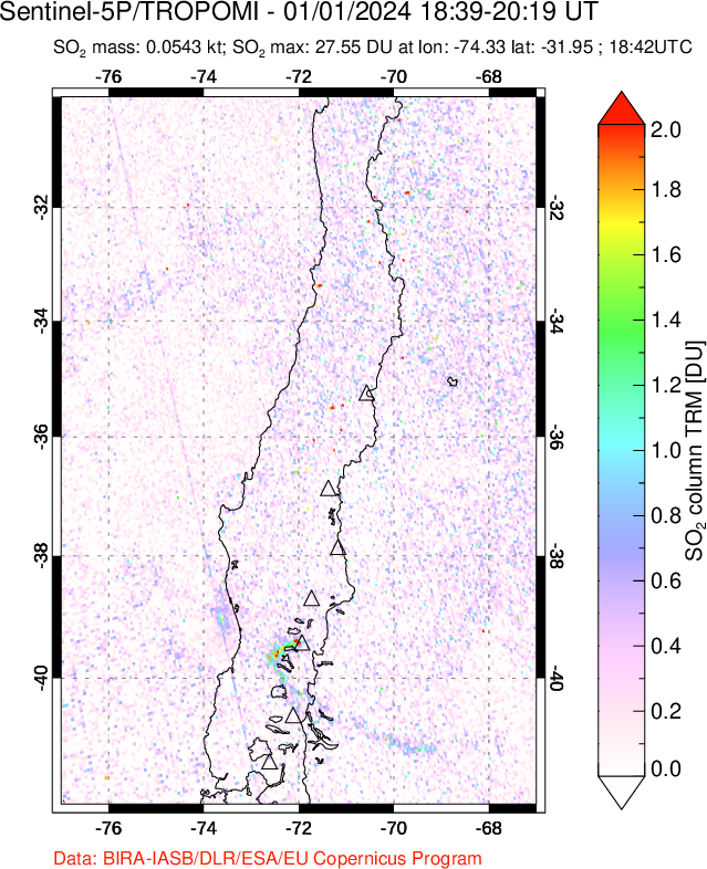 A sulfur dioxide image over Central Chile on Jan 01, 2024.